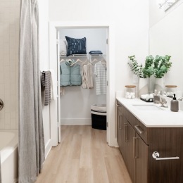 a bathroom with a shower and sink
