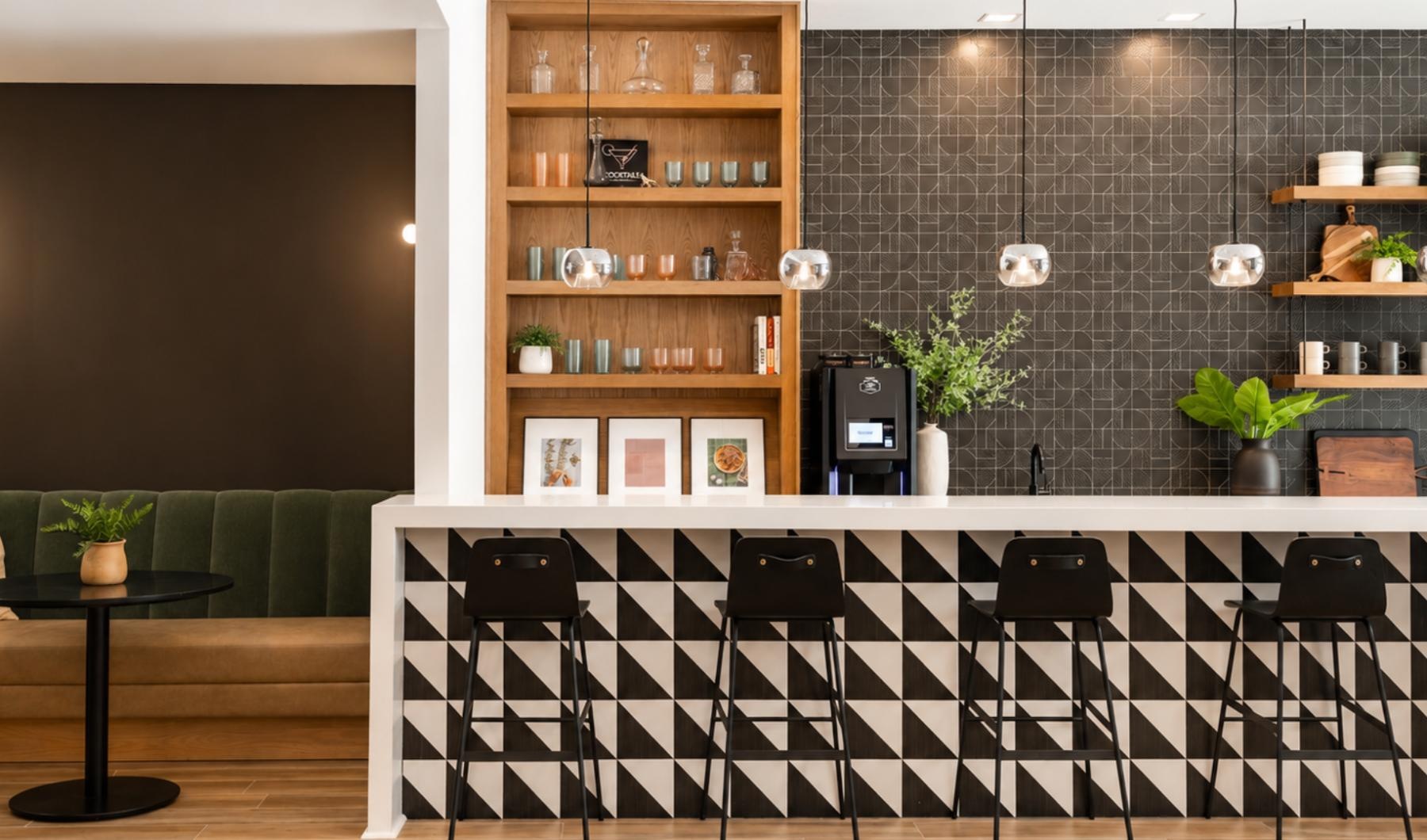 a room with shelves and a table