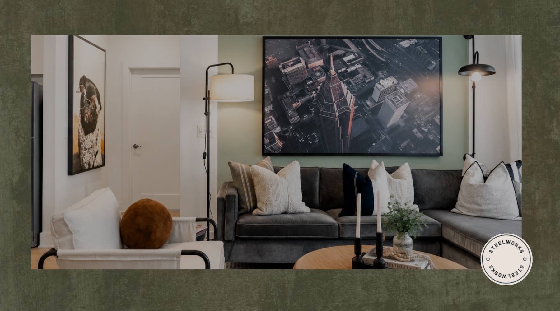 a living room with a couch, chair and coffee table